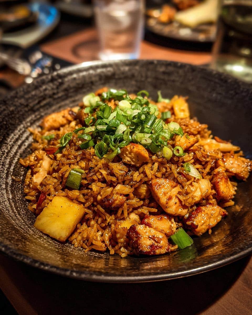 Irresistible Healthy Chicken Pineapple Fried Rice Recipe 9 A bowl of healthy chicken pineapple fried rice, garnished with green onions. Close-up shot.