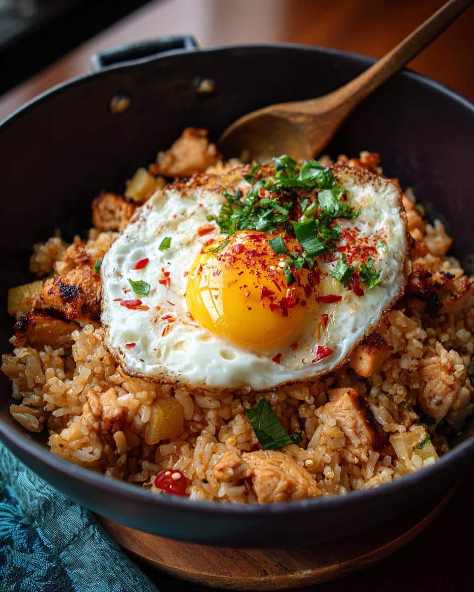 Irresistible Healthy Chicken Pineapple Fried Rice Recipe 7 Bowl of healthy chicken pineapple fried rice topped with a fried egg, herbs, and chili flakes.