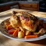 A beautifully plated herb roasted chicken and vegetables, featuring golden-brown chicken and colorful roasted vegetables.