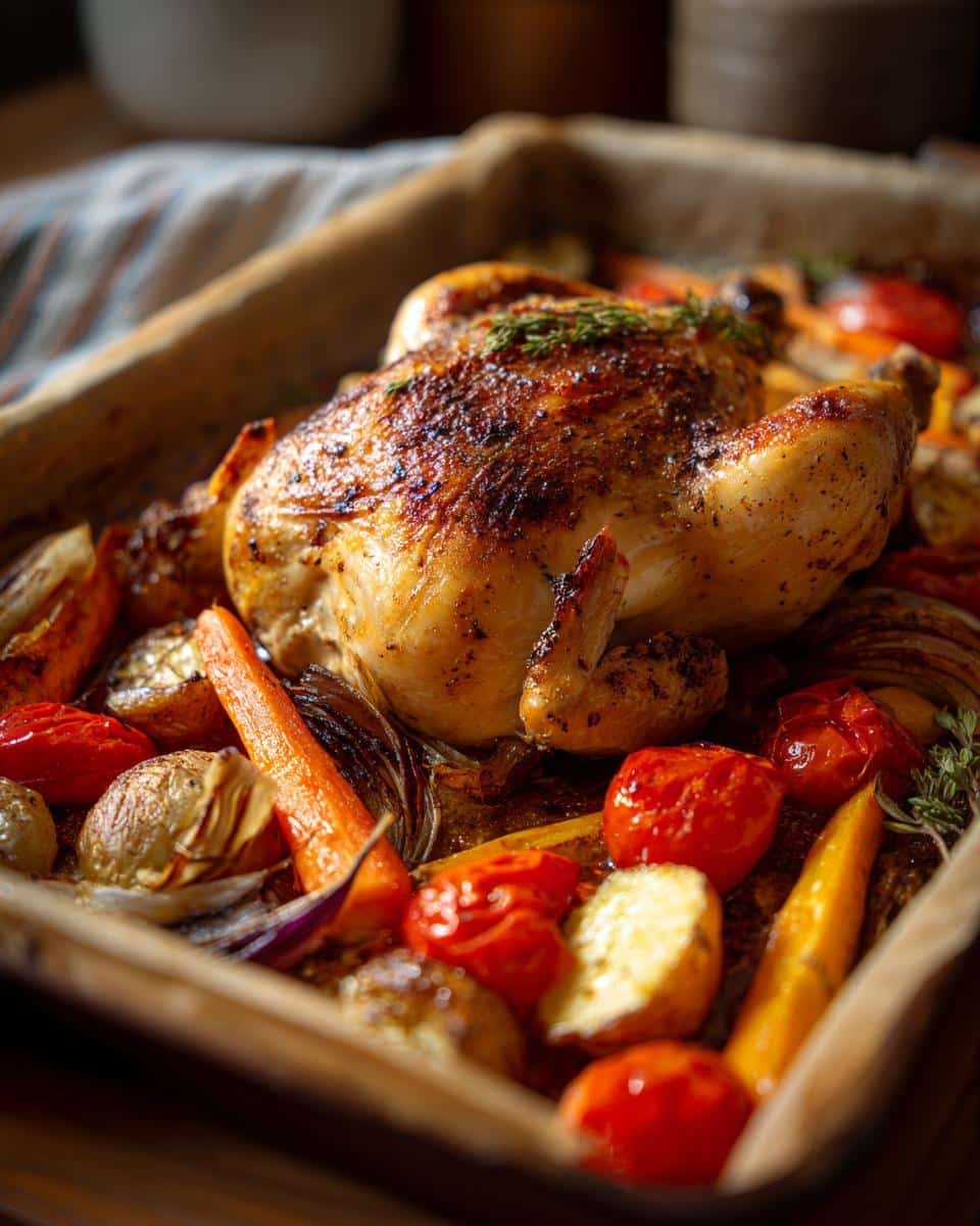 Herb Roasted Chicken and Vegetables: Foolproof Recipe 7 A whole herb roasted chicken and vegetables on a baking sheet, including carrots, tomatoes, and onions.