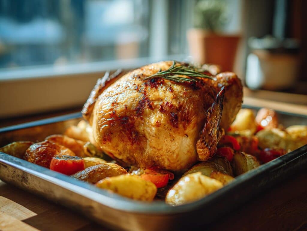 Golden herb roasted chicken and vegetables on a baking sheet, ready to serve.