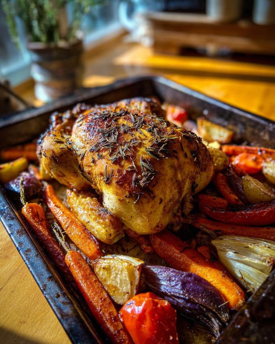 Herb Roasted Chicken and Vegetables: Foolproof Recipe 9 Golden herb roasted chicken and vegetables, including carrots and potatoes, on a baking sheet.