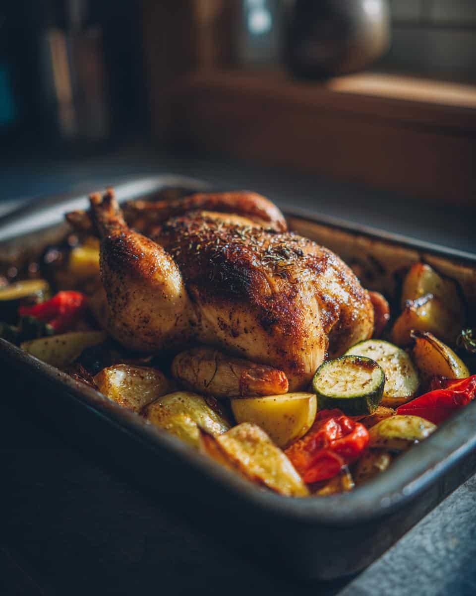Herb Roasted Chicken and Vegetables: Foolproof Recipe 8 Whole herb roasted chicken and vegetables, including potatoes, zucchini, and red peppers, on a baking sheet.