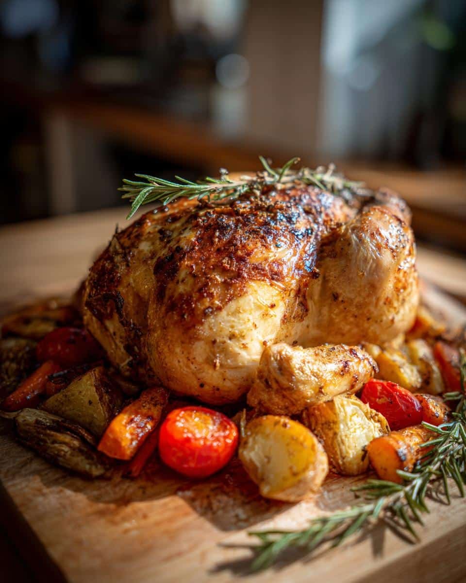 Herb Roasted Chicken and Vegetables: Foolproof Recipe 6 Golden brown herb roasted chicken and vegetables, including potatoes, carrots, and tomatoes, served on a wooden platter.