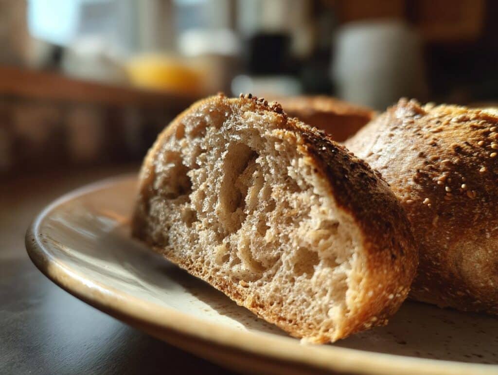 Close-up of a sliced high protein bagel with cottage cheese and almond flour on a plate, showing the texture.