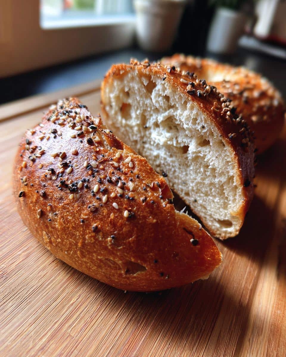 Fail-Proof: High Protein Bagels Recipe With 4 Ingredients 8 A sliced high protein bagel with cottage cheese and almond flour, topped with sesame and poppy seeds, on a wooden board.