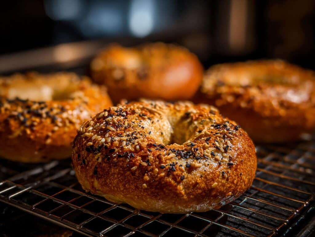 Four high protein bagels air fryer, sprinkled with sesame and poppy seeds, cooling on a wire rack.