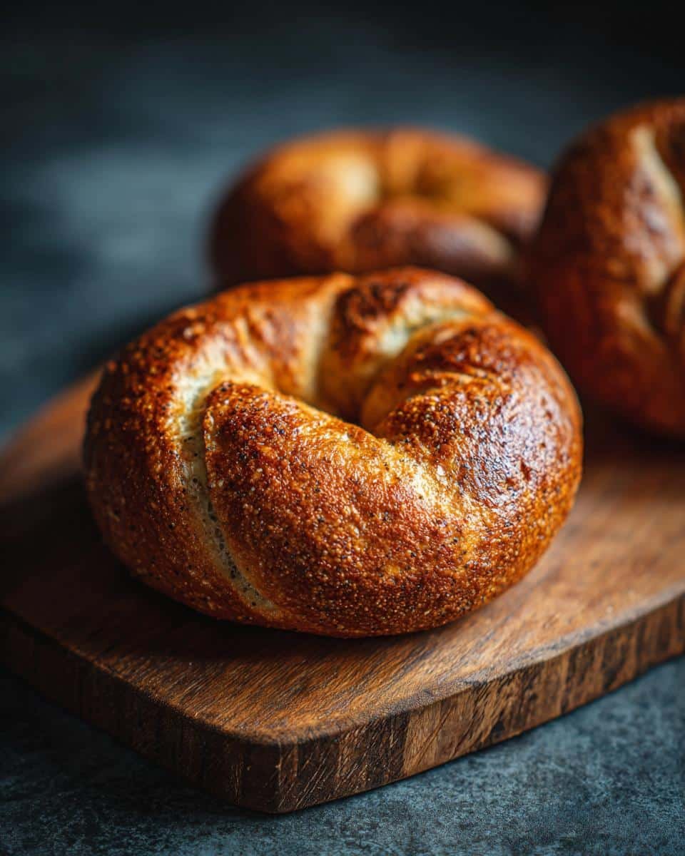 Fail-Proof High Protein Bagels Air Fryer: Only 4 Steps 7 Close-up of golden brown high protein bagels air fryer cooked on a wooden board, with more bagels in the background.