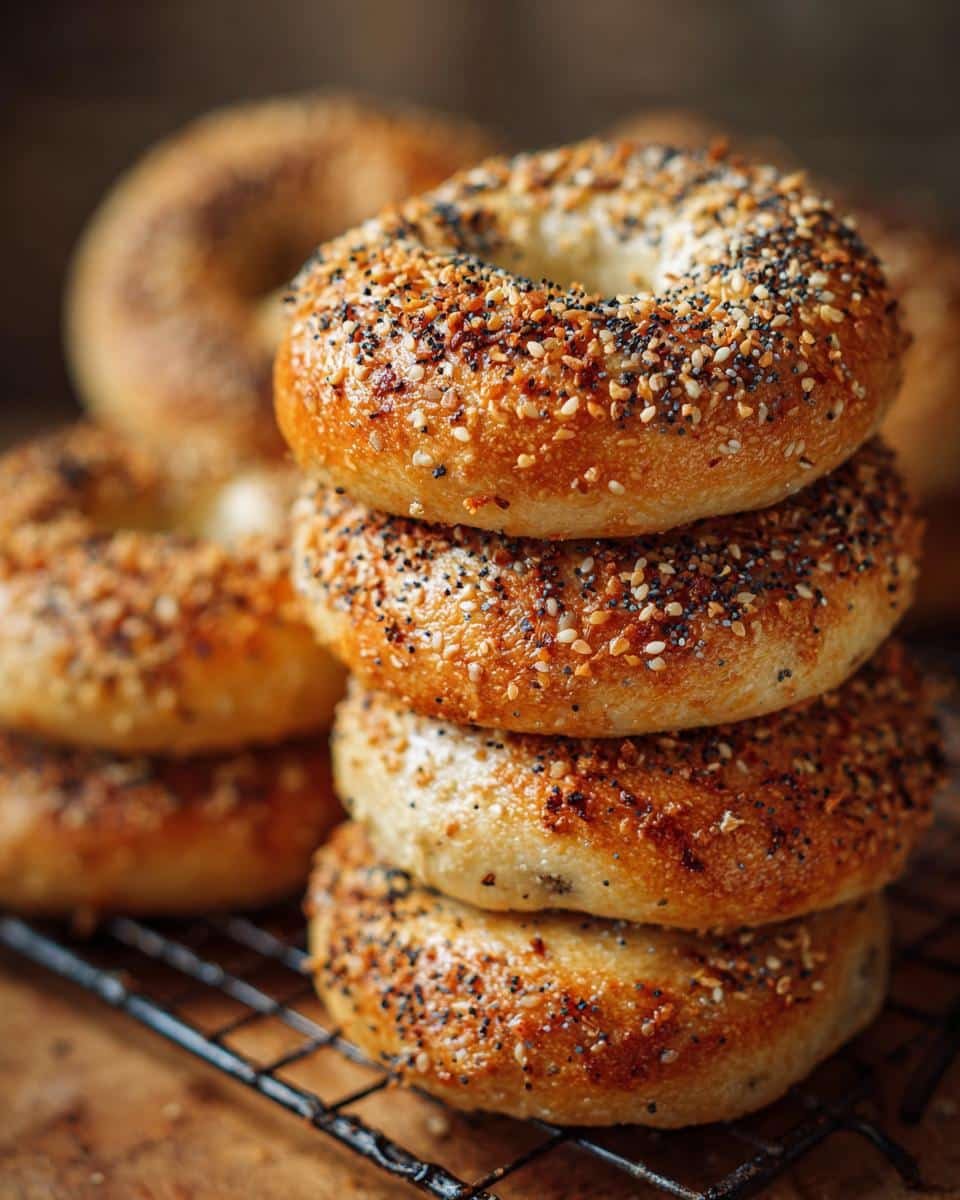 Fail-Proof High Protein Bagels Air Fryer: Only 4 Steps 6 A stack of golden brown high protein bagels air fryer, topped with everything bagel seasoning, sits on a wire rack.