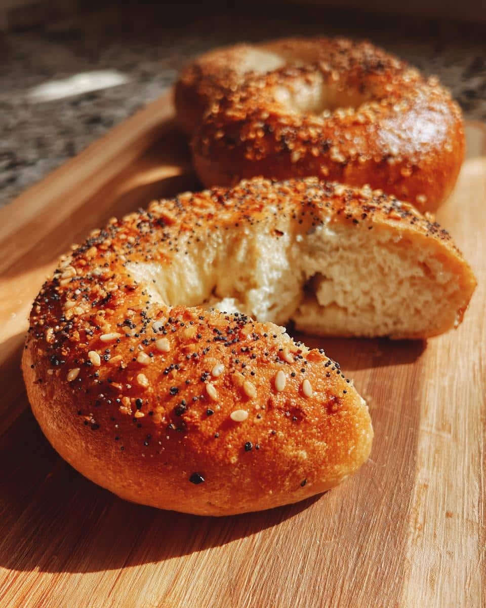 Fail-Proof: High Protein Bagels Recipe With 4 Ingredients 9 Two high protein bagels with cottage cheese and almond flour, one cut open to show the inside, on a wooden board.