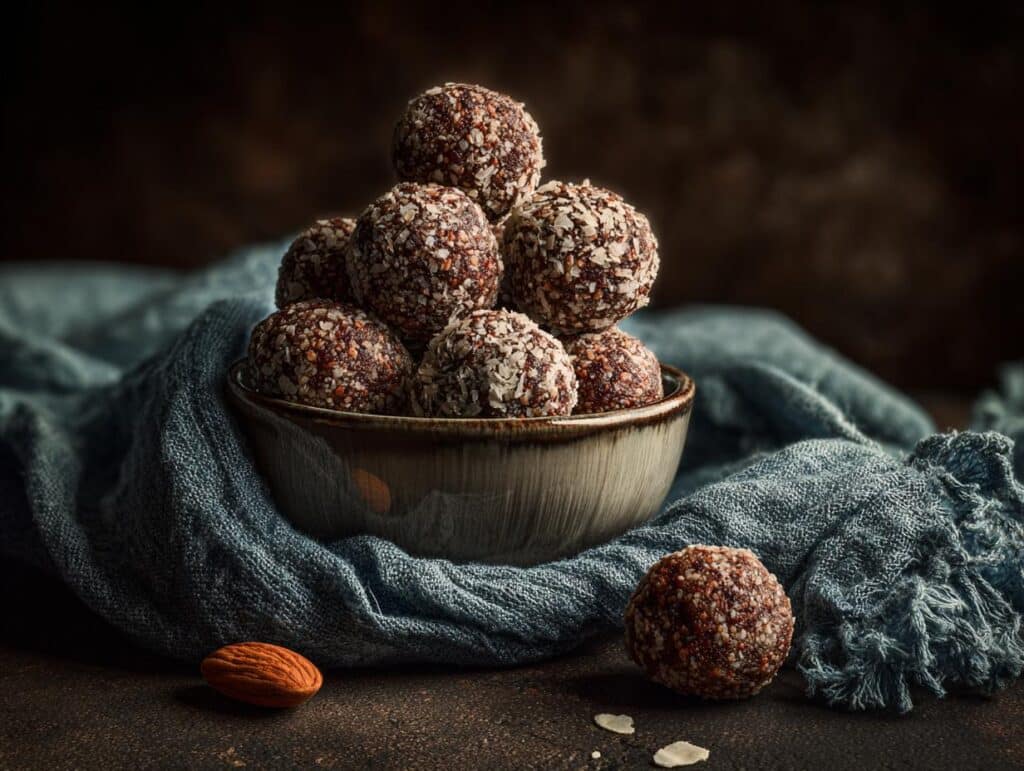 A bowl filled with delicious homemade protein balls, with one protein ball and an almond on the side.