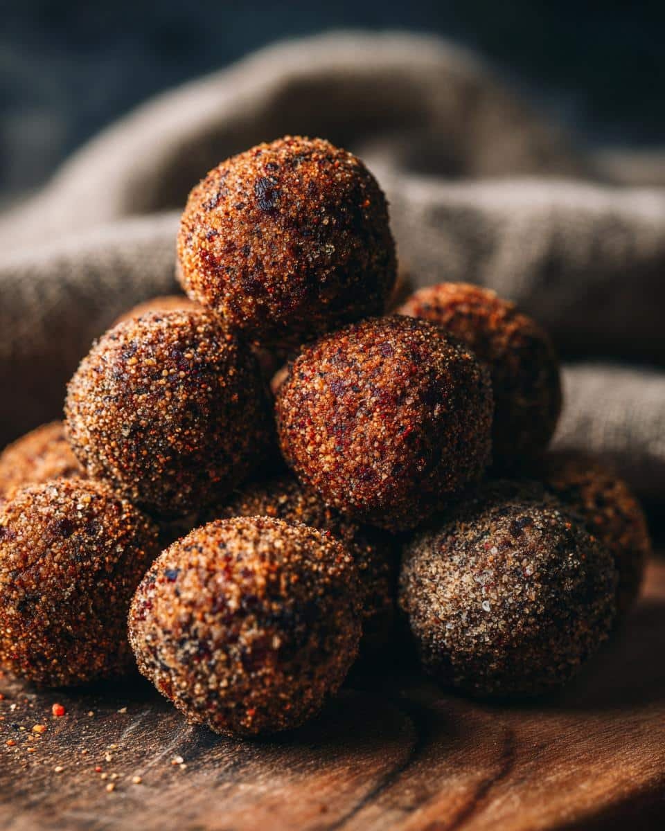 Ridiculously Easy Protein Balls in Just 10 Minutes 8 A stack of homemade protein balls with a textured coating, sitting on a wooden surface.
