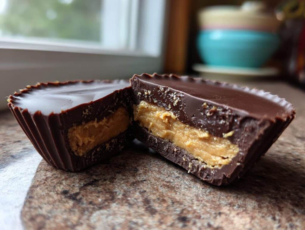 A homemade reeses cups cut in half, showing the peanut butter filling and chocolate.