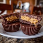 Stack of homemade reeses cups on a plate, with one cut in half to show the peanut butter filling.