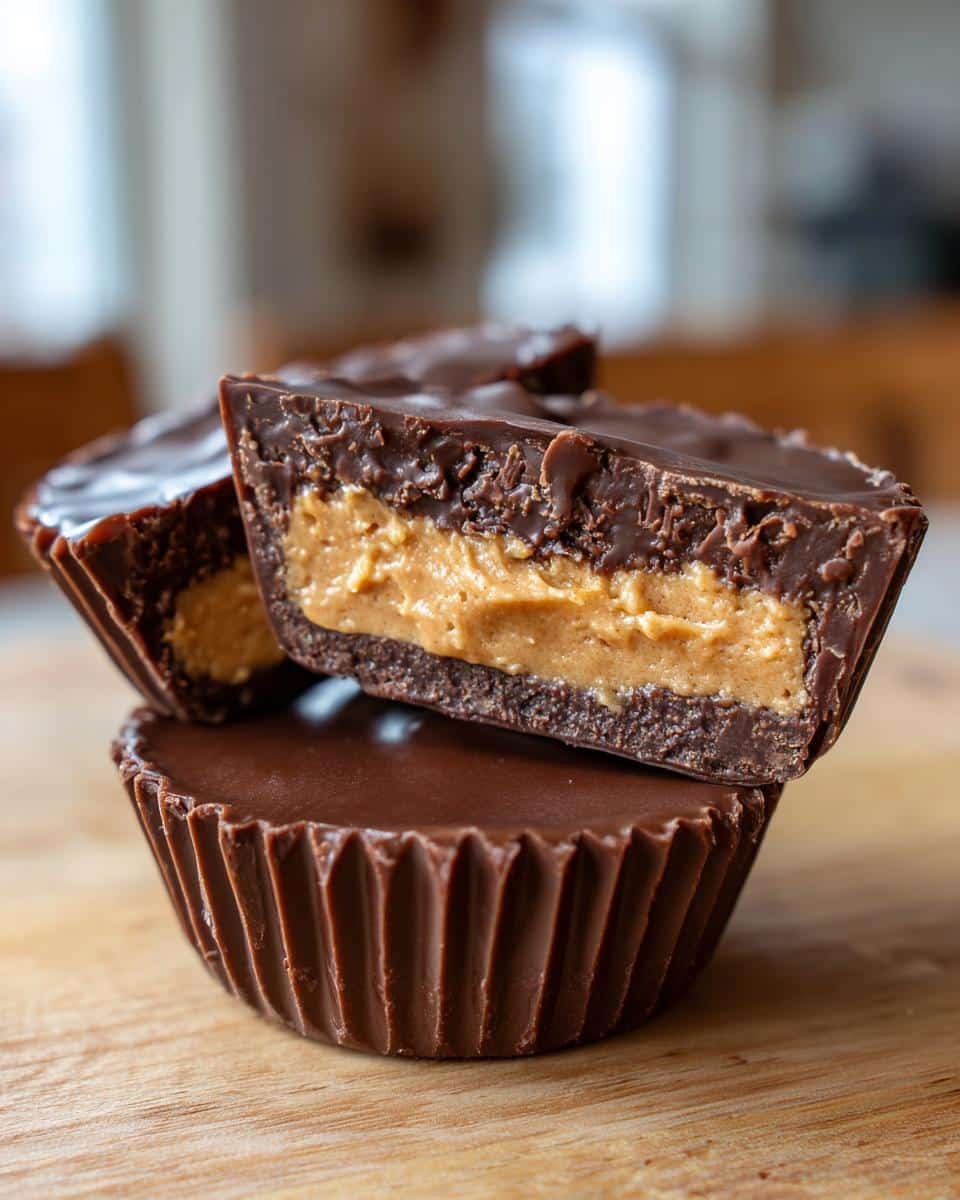 Foolproof Homemade Reeses Cups in 30 Minutes 7 Close-up of stacked homemade reeses cups, one cut in half to show the peanut butter filling.