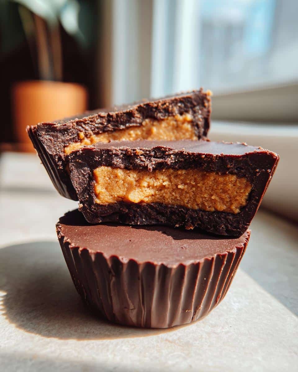 Foolproof Homemade Reeses Cups in 30 Minutes 8 A stack of homemade reeses cups, with the top cup cut in half to show the peanut butter filling.