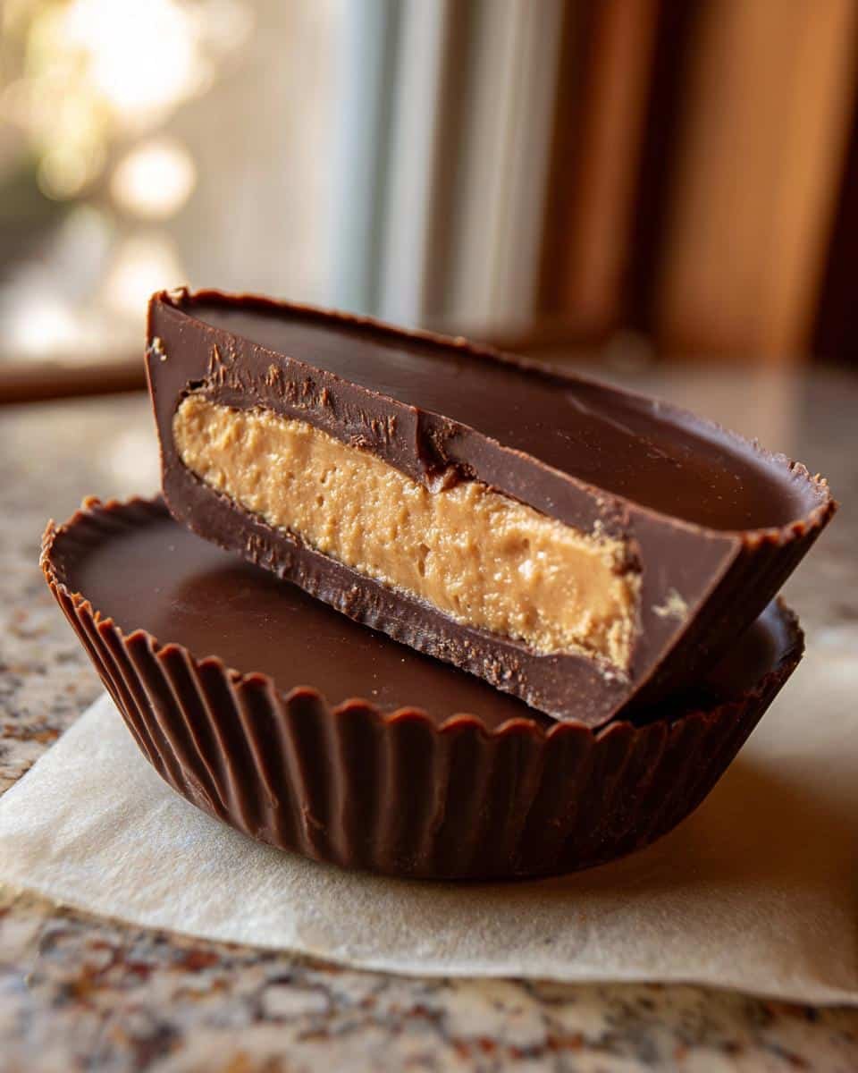 Foolproof Homemade Reeses Cups in 30 Minutes 9 Close-up of stacked homemade reeses cups, one cut in half to show the peanut butter filling.