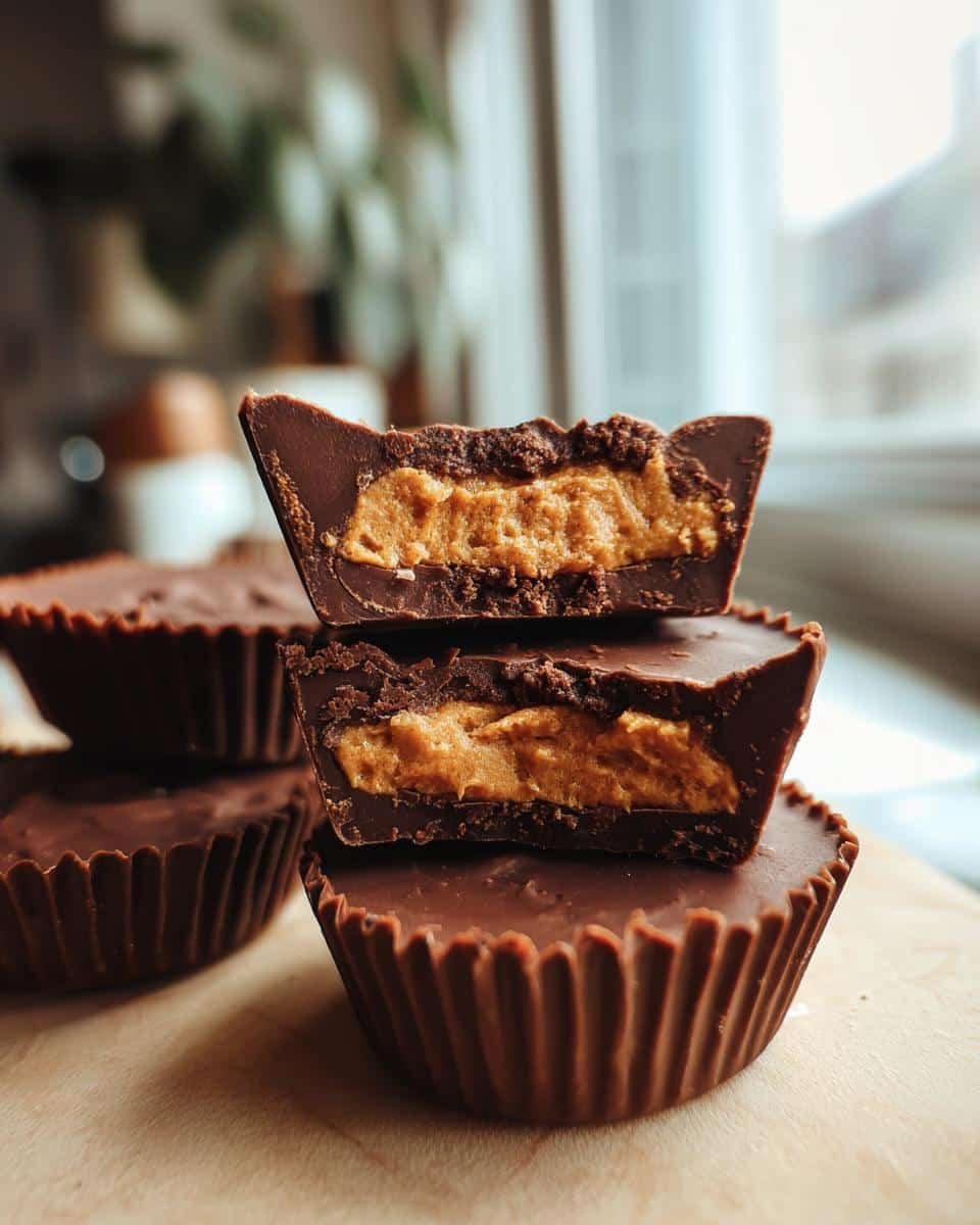 Foolproof Homemade Reeses Cups in 30 Minutes 6 A stack of homemade reeses cups, the top one cut in half to show the peanut butter filling.