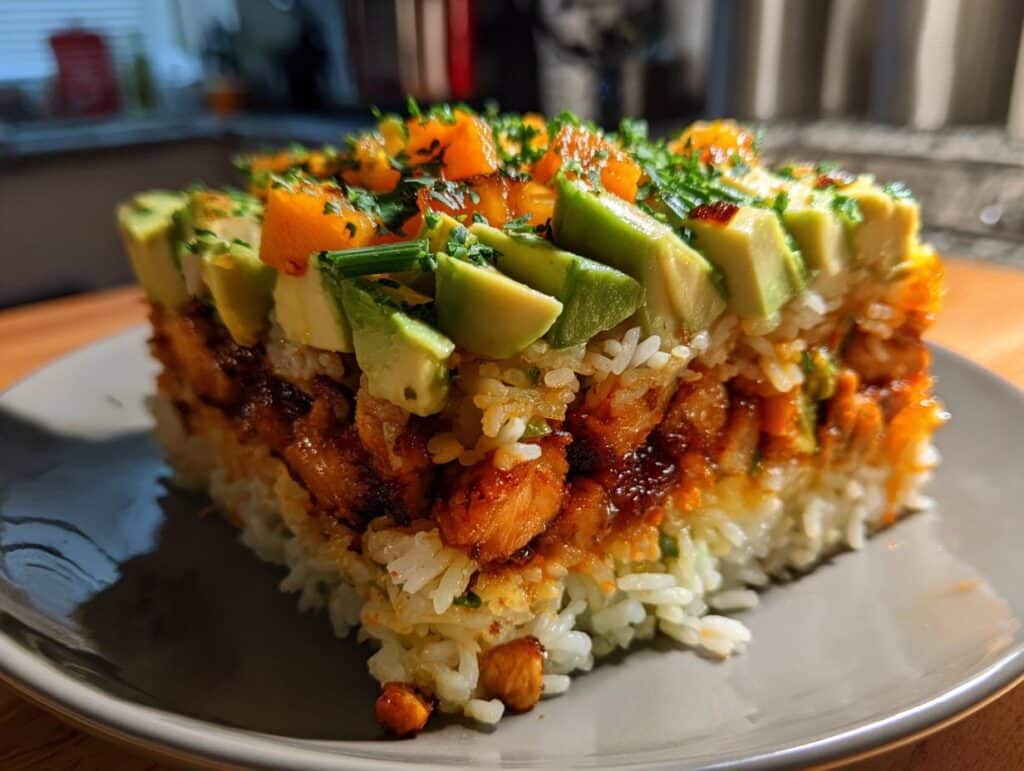 A delicious Honey Lime Chicken and Avocado Rice Stack on a plate, featuring layers of rice, chicken, avocado, and herbs.