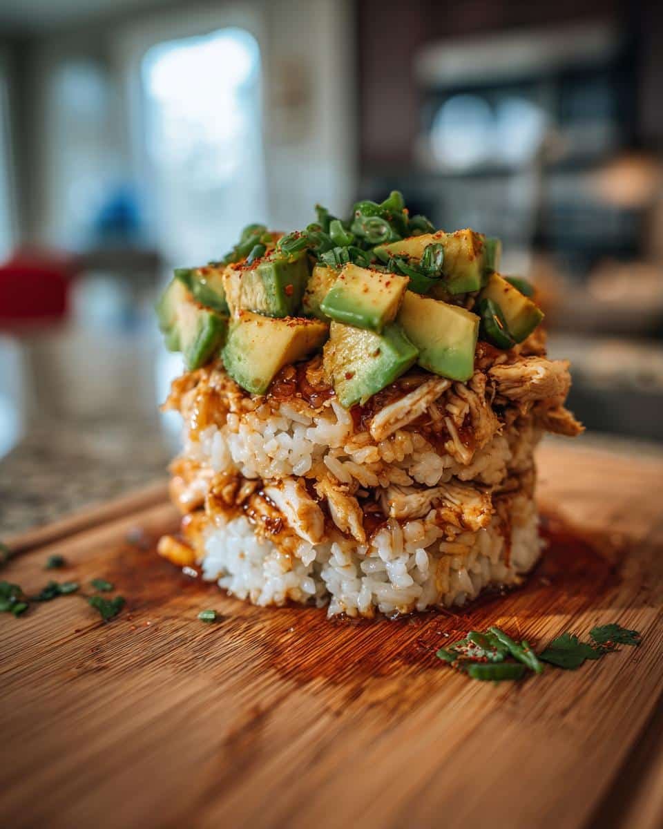 Delicious Honey Lime Chicken and Avocado Rice Stack in 30 6 A stacked Honey Lime Chicken and Avocado Rice Stack on a wooden board, topped with avocado and green onions.