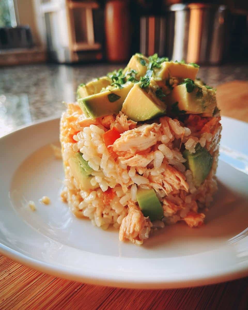 Delicious Honey Lime Chicken and Avocado Rice Stack in 30 7 A Honey Lime Chicken and Avocado Rice Stack on a white plate, topped with diced avocado and herbs.