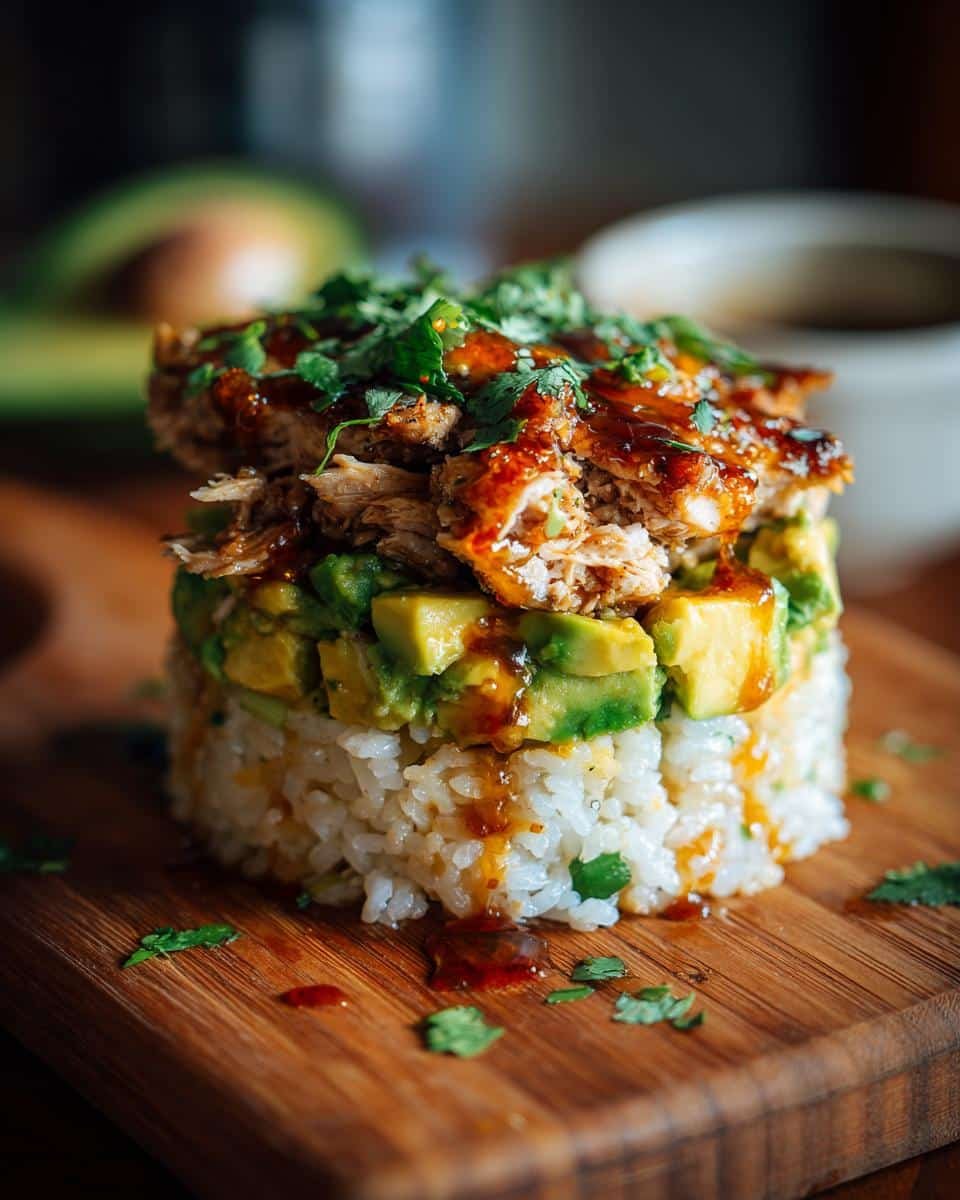Delicious Honey Lime Chicken and Avocado Rice Stack in 30 8 A delicious Honey Lime Chicken and Avocado Rice Stack, layered on a wooden board and garnished with cilantro.