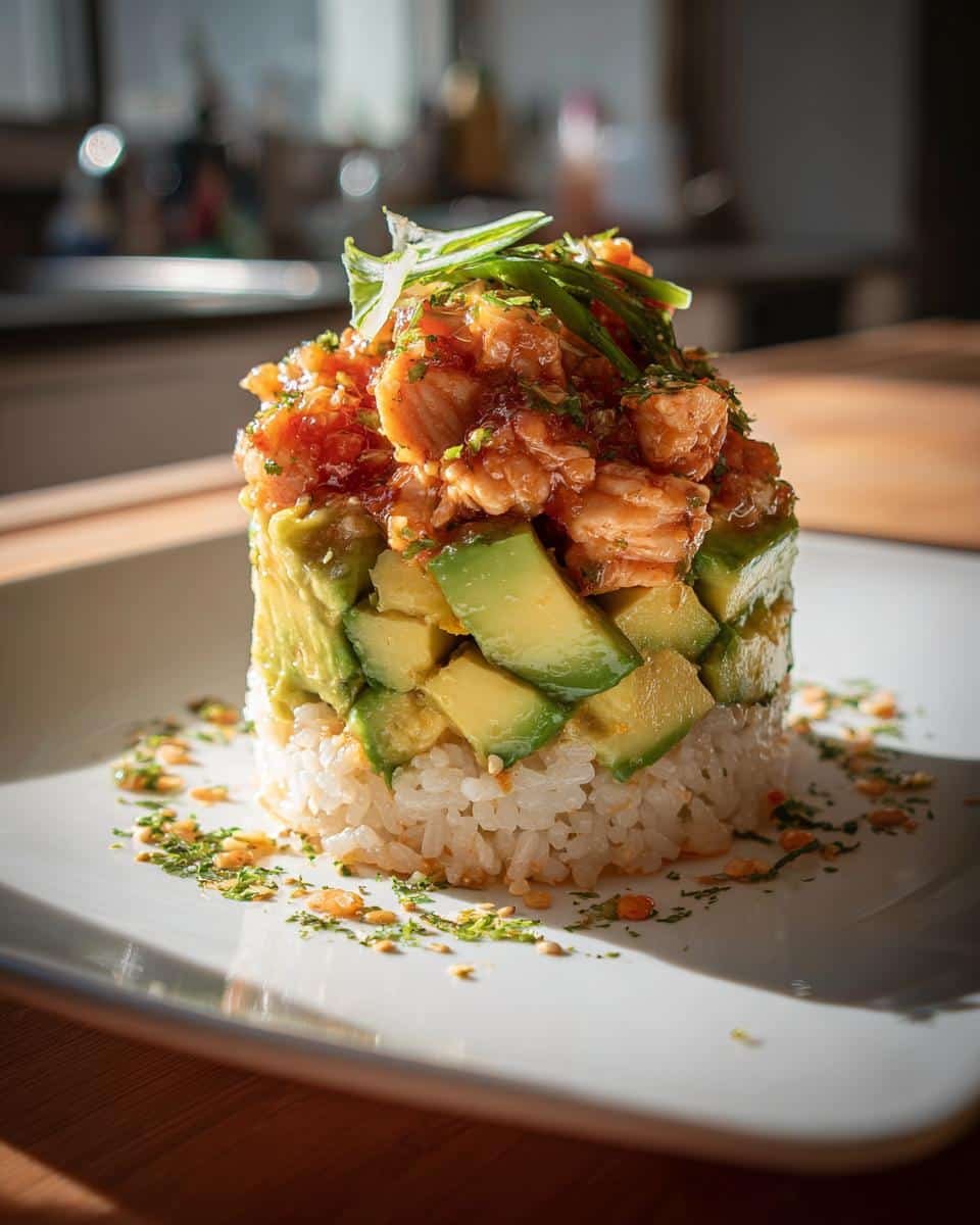 Delicious Honey Lime Chicken and Avocado Rice Stack in 30 9 A vibrant Honey Lime Chicken and Avocado Rice Stack on a white plate, garnished with herbs.