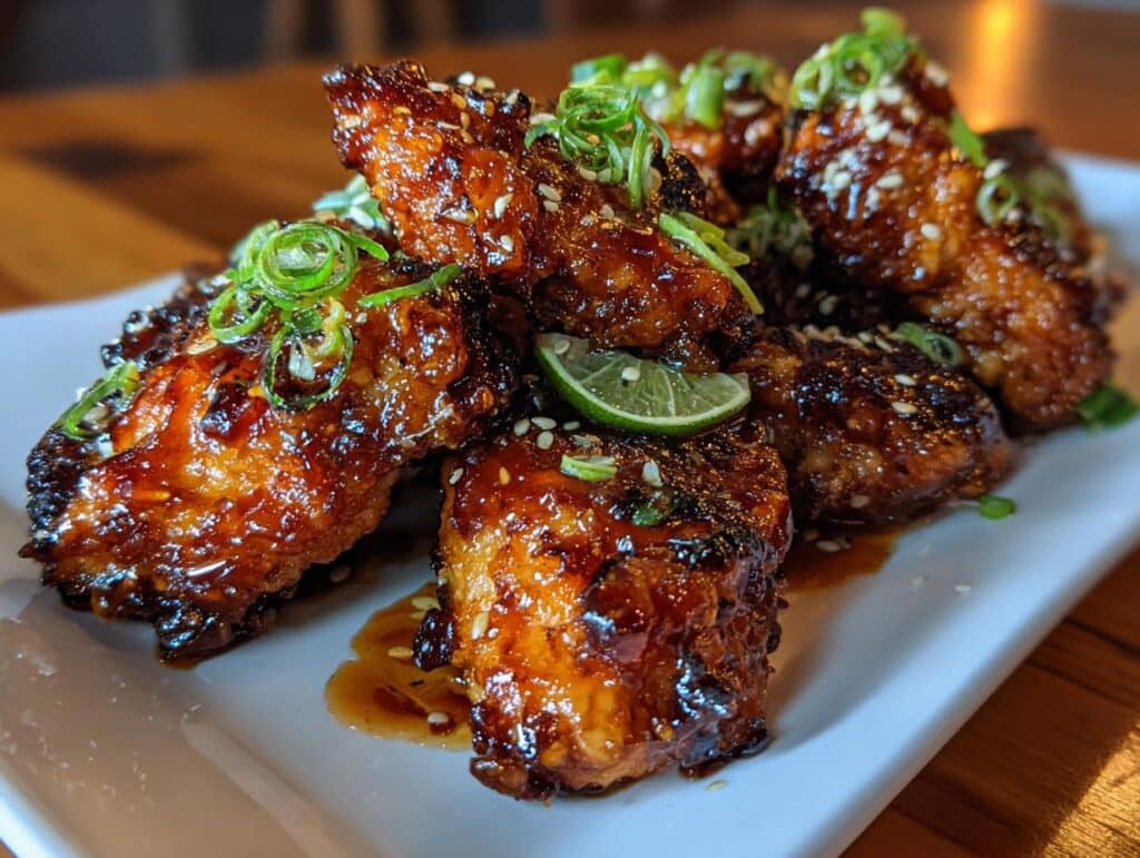 Close-up of glazed Honey Lime Chicken pieces on a white plate, garnished with lime and green onions.