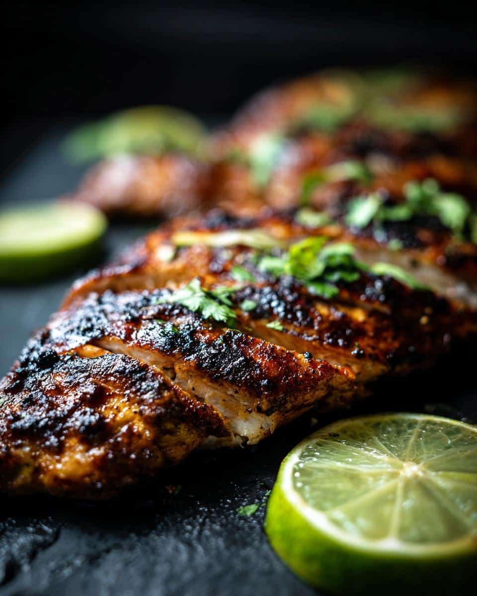 Irresistible Honey Lime Chicken: 7 Simple Ingredients 9 Close-up of sliced Honey Lime Chicken garnished with cilantro and lime wedges on a dark surface.
