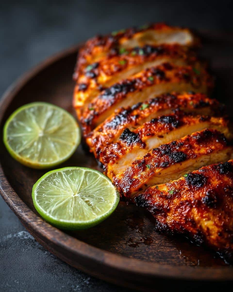 Irresistible Honey Lime Chicken: 7 Simple Ingredients 6 Delicious sliced Honey Lime Chicken on a wooden plate, garnished with fresh lime wedges.