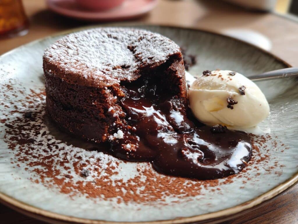 A decadent hot chocolate cake with a molten center, served with a scoop of vanilla ice cream on a plate.