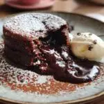A decadent hot chocolate cake with a molten center, served with a scoop of vanilla ice cream on a plate.