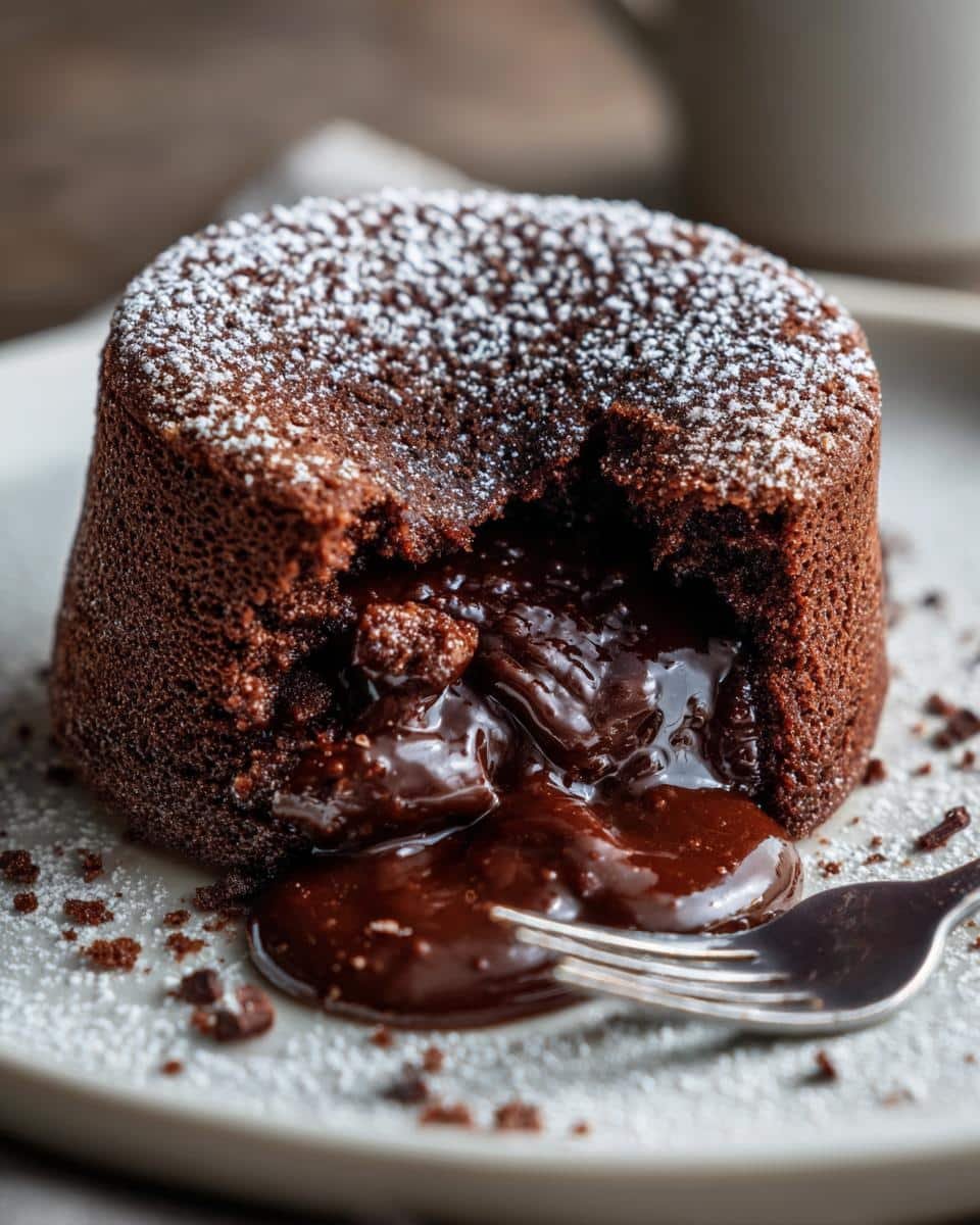 Fail-Proof Hot Chocolate Cake Recipe With 1 Secret 6 A decadent hot chocolate cake with a molten chocolate center, dusted with powdered sugar and served with a fork.
