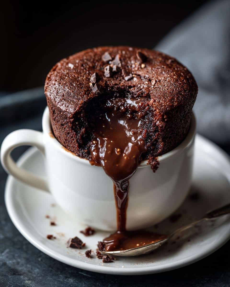Fail-Proof Hot Chocolate Cake Recipe With 1 Secret 9 Close-up of a decadent hot chocolate cake in a mug, with molten chocolate flowing out.