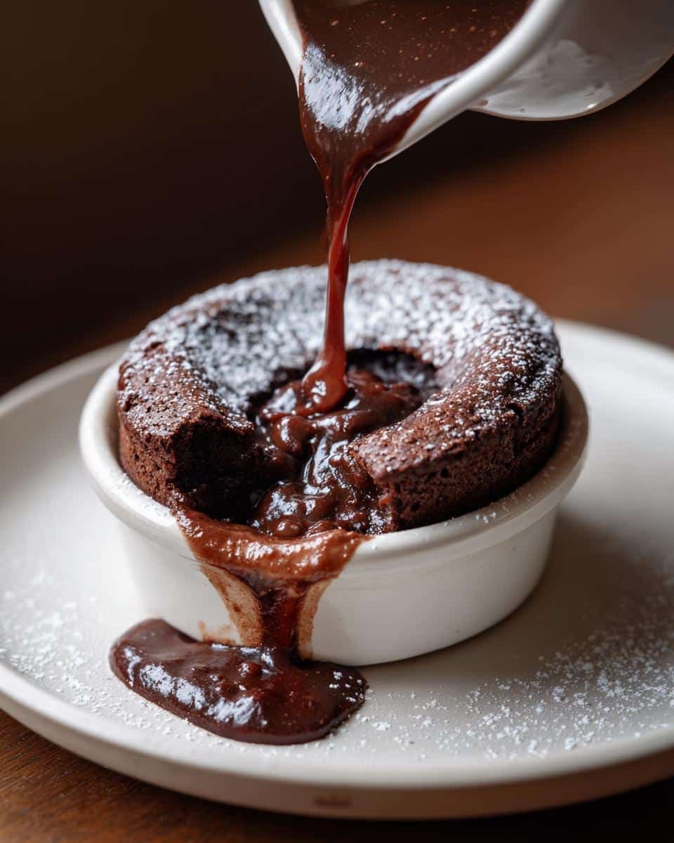 Fail-Proof Hot Chocolate Cake Recipe With 1 Secret 8 Pouring chocolate sauce over a warm Hot Chocolate Cake dusted with powdered sugar.