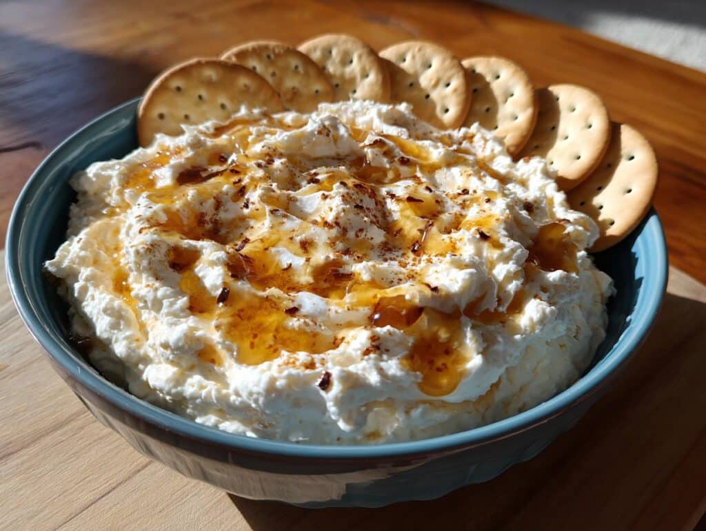 A bowl of creamy Hot Honey Ricotta Dip drizzled with honey and served with crackers.