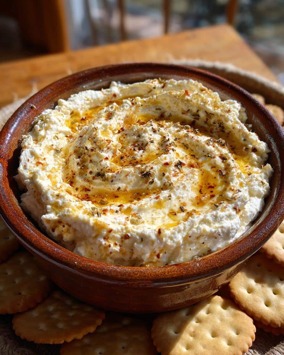 Irresistible Hot Honey Ricotta Dip in Just 5 Minutes 6 A bowl of Hot Honey Ricotta Dip, drizzled with honey and spices, surrounded by crackers.