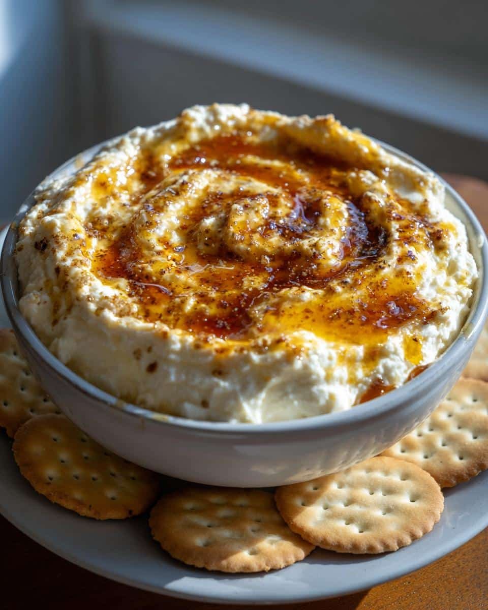 Irresistible Hot Honey Ricotta Dip in Just 5 Minutes 7 A bowl of creamy Hot Honey Ricotta Dip drizzled with honey, served with crackers on a plate.