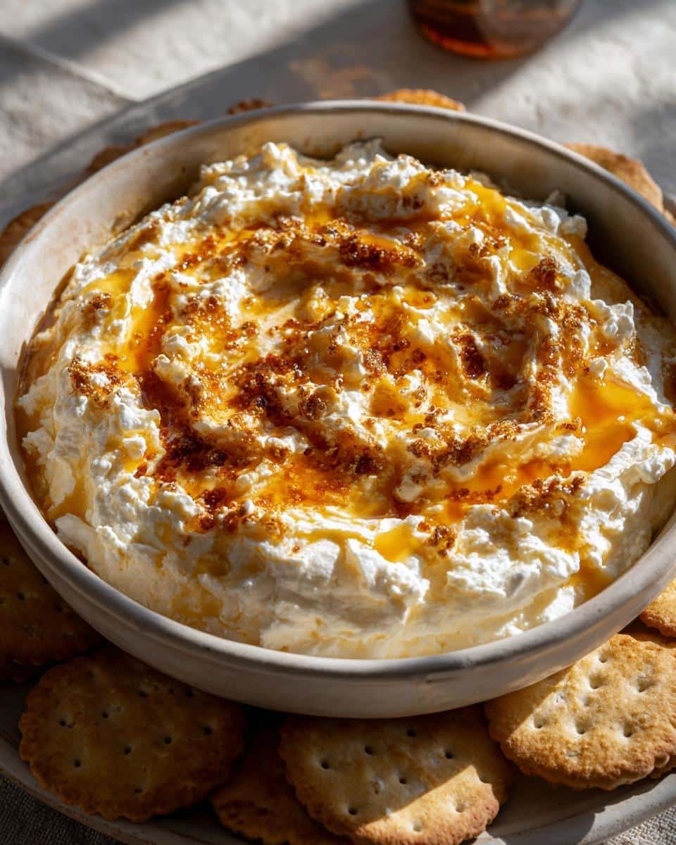 Irresistible Hot Honey Ricotta Dip in Just 5 Minutes 9 Bowl of Hot Honey Ricotta Dip surrounded by crackers, ready to be served.