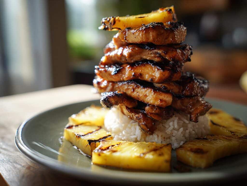 A towering Huli Huli Chicken Stack with grilled pineapple and rice on a plate.