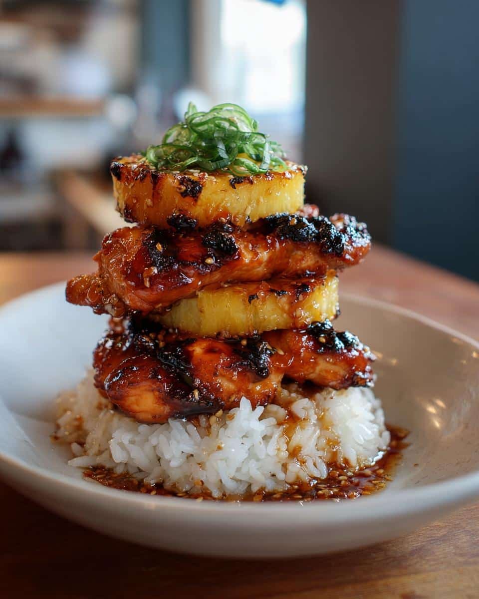 Epic Huli Huli Chicken Stack in Under 1 Hour 8 A Huli Huli Chicken Stack featuring grilled chicken, pineapple, rice, and green onions.
