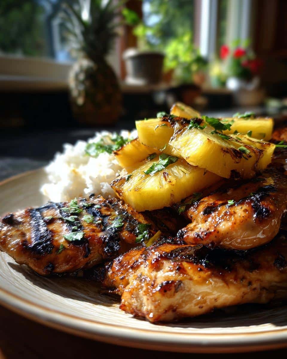 Epic Huli Huli Chicken Stack in Under 1 Hour 9 Delicious Huli Huli Chicken Stack with grilled pineapple and rice, garnished with cilantro.