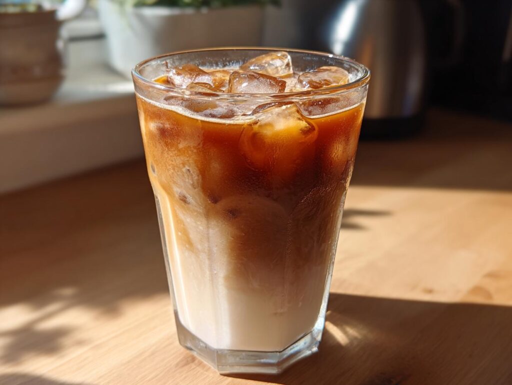 A tall glass of Iced Caramel Macchiato with ice, showing the layered coffee and milk.