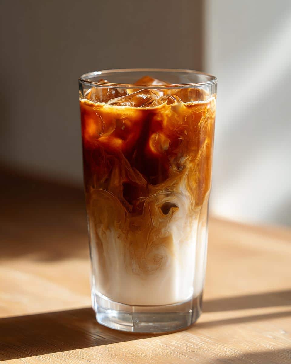 Perfect Iced Caramel Macchiato in Just 5 Steps 7 A refreshing Iced Caramel Macchiato with layers of milk, coffee, caramel, and ice in a clear glass.