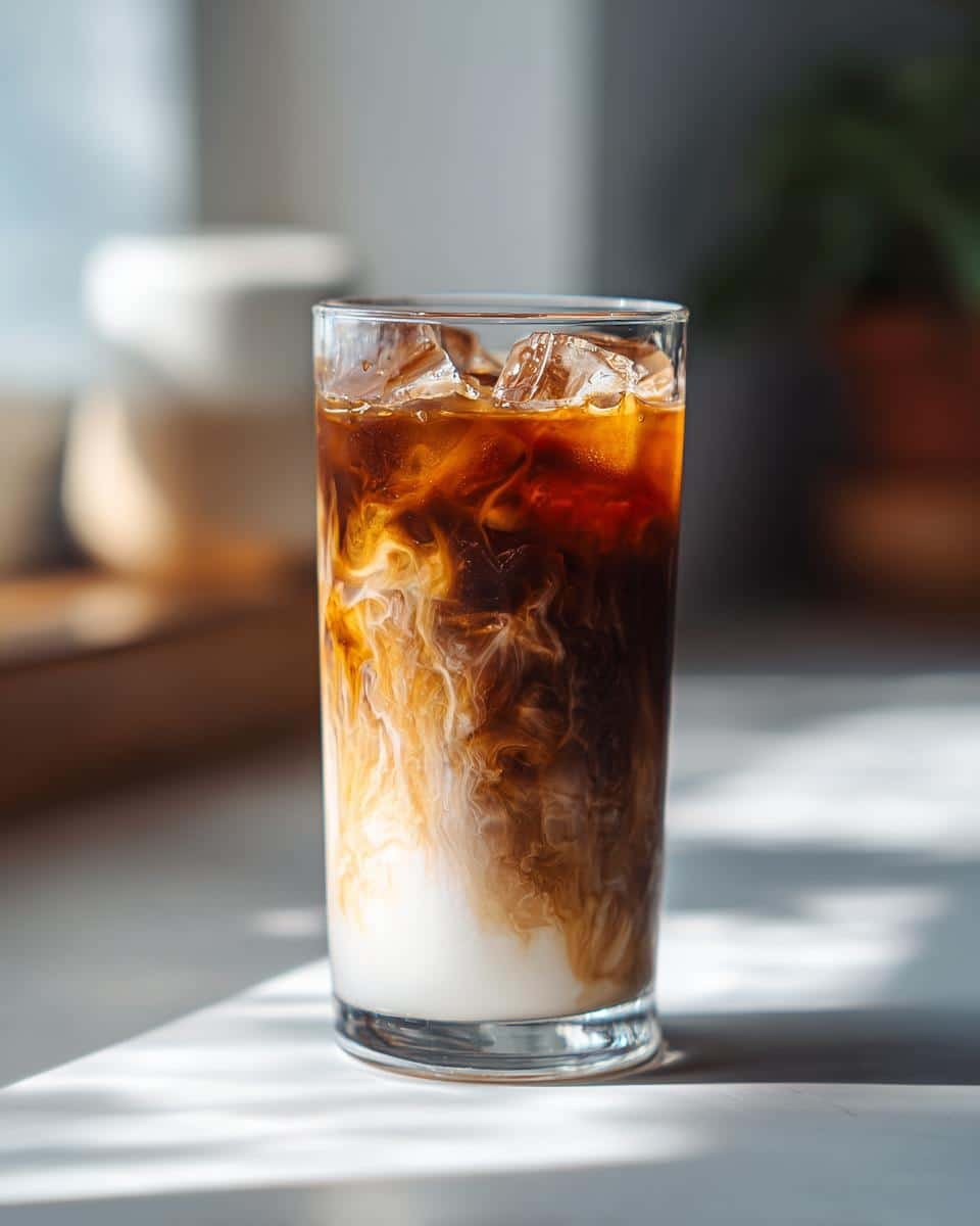 Perfect Iced Caramel Macchiato in Just 5 Steps 8 A refreshing Iced Caramel Macchiato in a glass with ice, showing the layers of milk, coffee, and caramel.