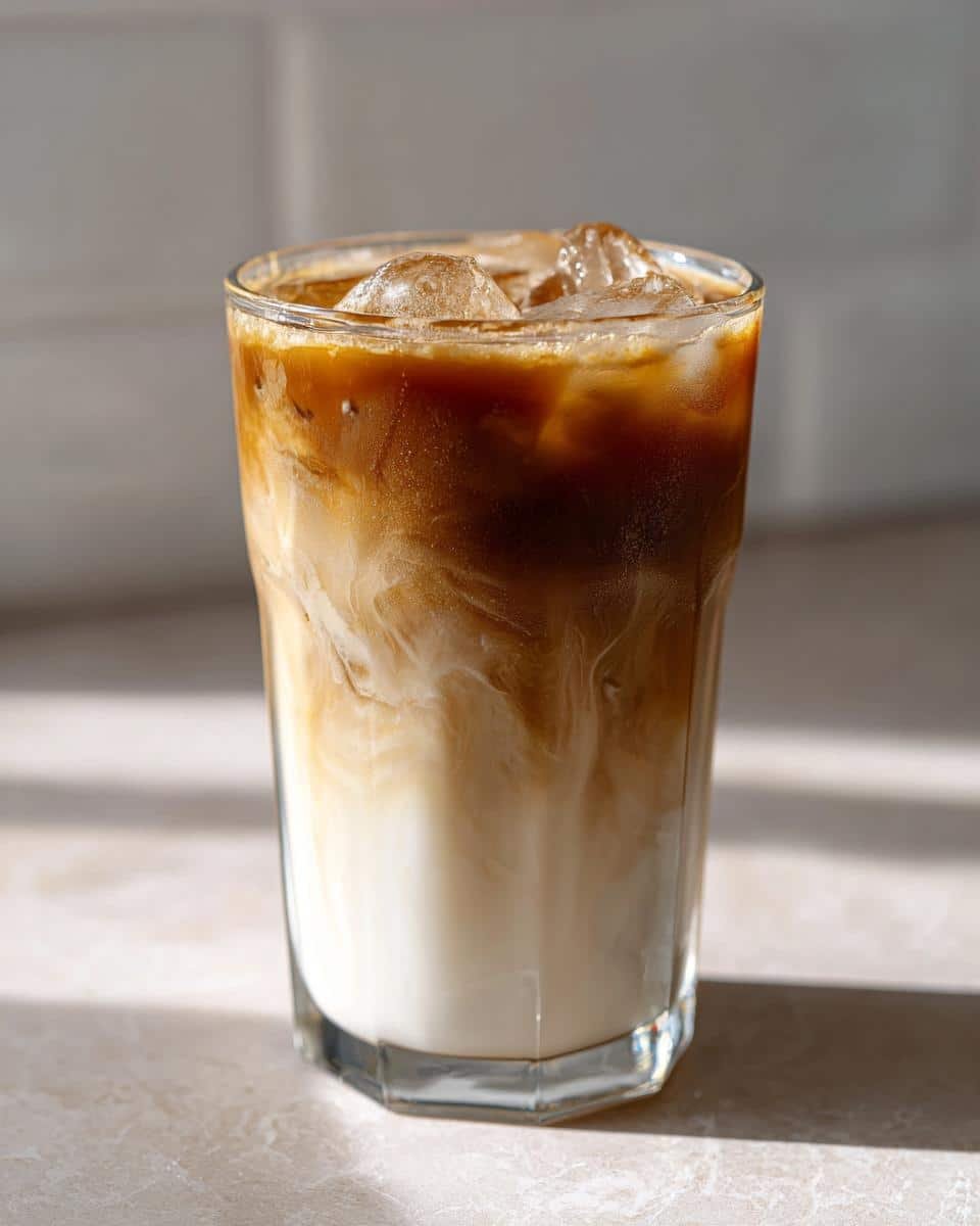 Perfect Iced Caramel Macchiato in Just 5 Steps 9 A glass filled with a delicious Iced Caramel Macchiato, showcasing layers of milk, coffee, caramel, and ice.