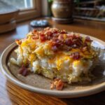 Close-up of a cheesy cabbage and potato bake, a delicious Irish appetizers, topped with crispy bacon.