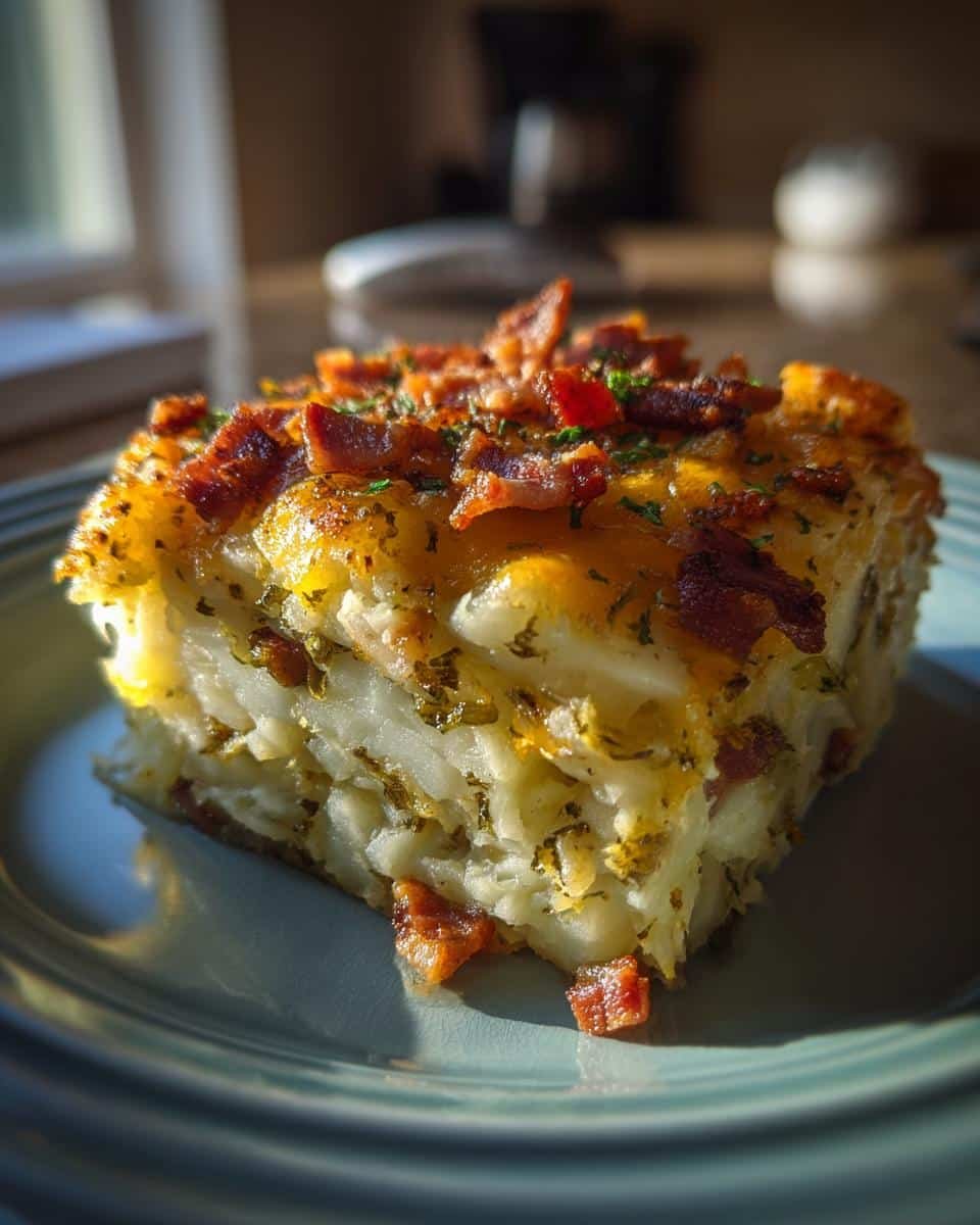 Easy Irish Appetizers: A Comforting Bite of Ireland 9 Close-up of a potato bake, an Irish appetizer, topped with bacon and herbs on a blue plate.