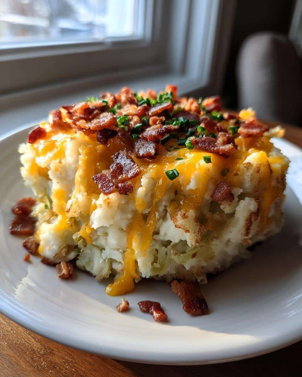 Easy Irish Appetizers: A Comforting Bite of Ireland 8 Close-up of a potato cake, one of many delicious Irish appetizers, topped with cheese, bacon, and chives.