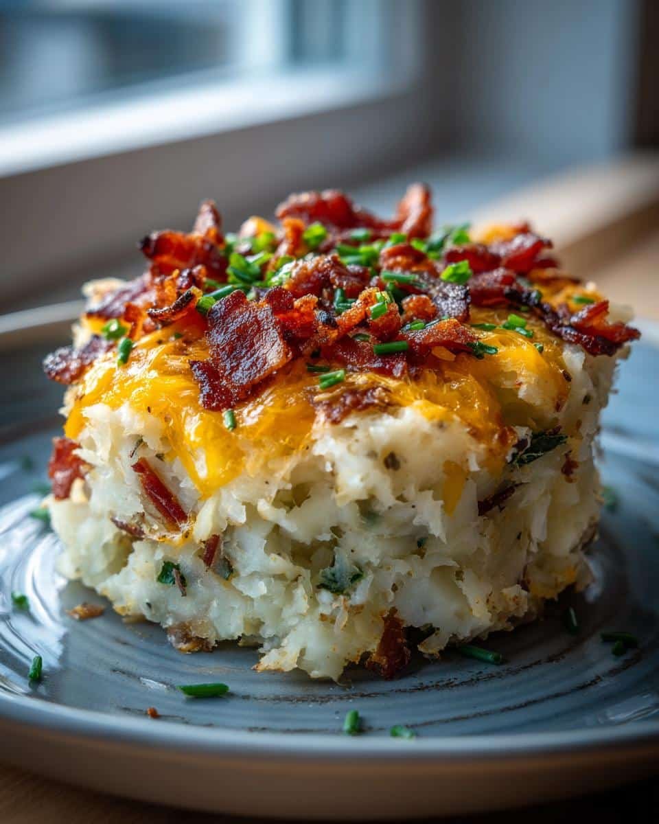 Easy Irish Appetizers: A Comforting Bite of Ireland 7 Close-up of a potato cake, one of the best Irish appetizers, topped with cheese, bacon, and chives.